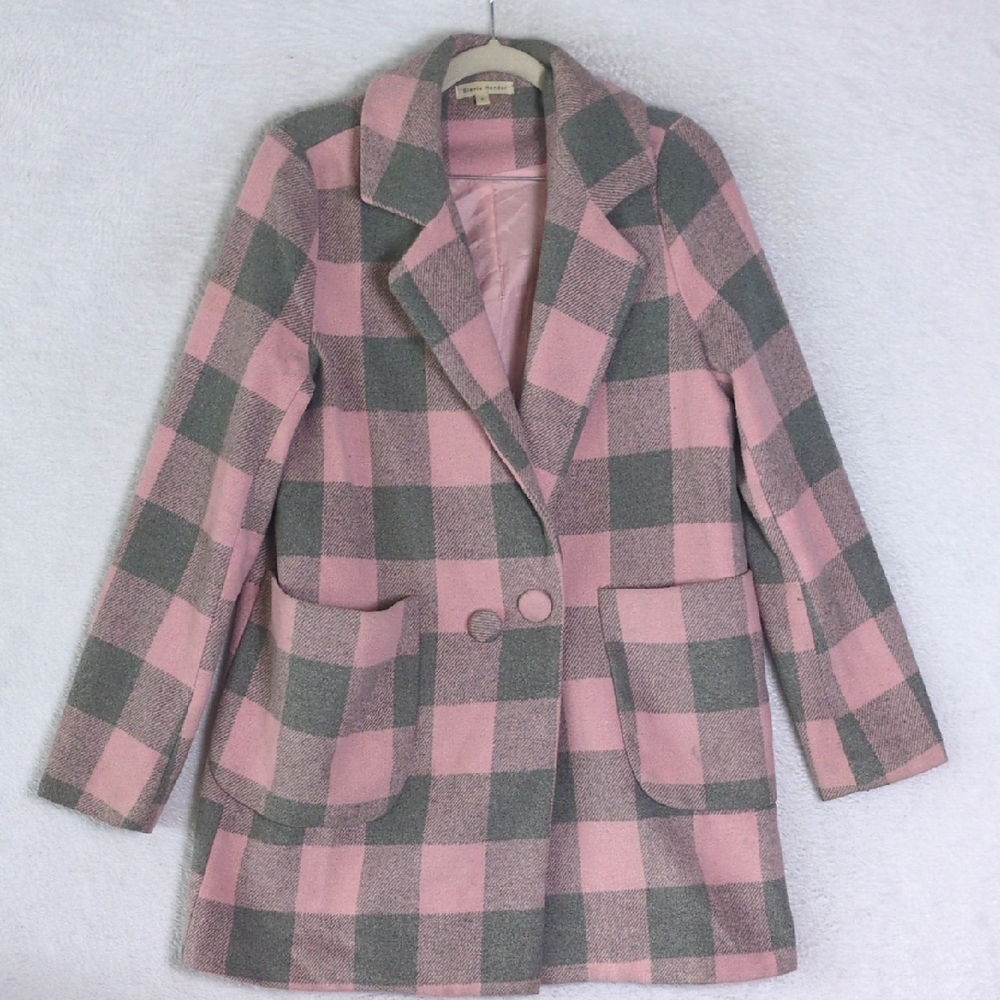 Stevie Hender Women's Pink &‎ Gray Checkered Pea Coat Size S